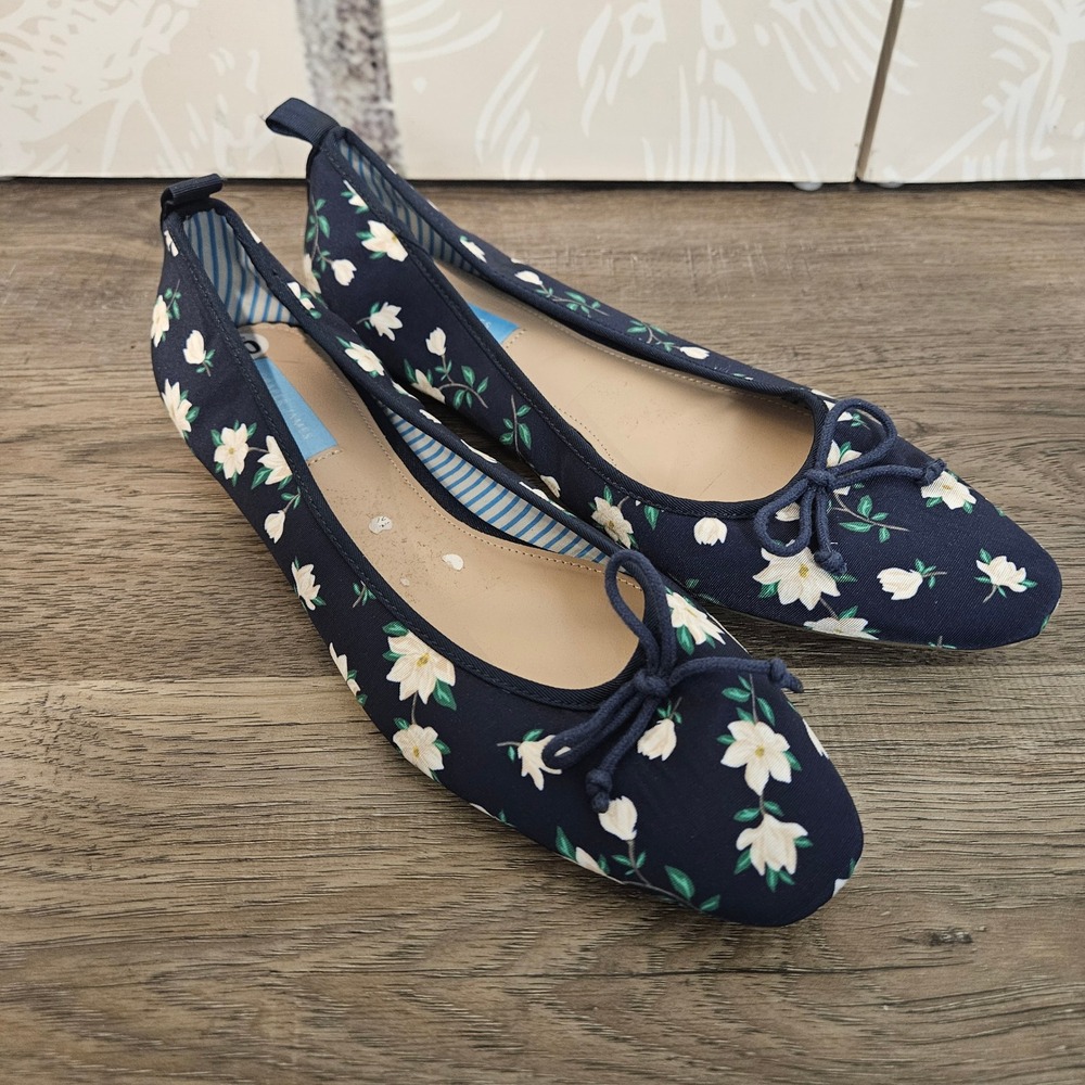 Draper James Navy Blue Magnolia Floral Canvas Ballet Flats Womens 10 Round Toe